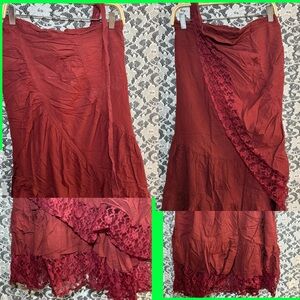 Burgundy wrap Maxi Skirt cotton and lace worn once one size